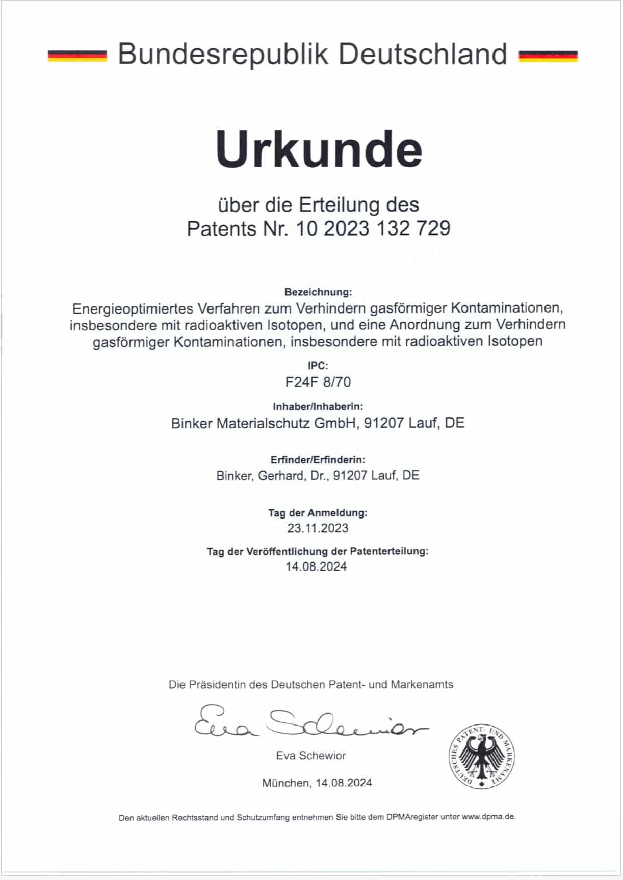 Patent-Urkunde Binker Materialschutz GmbH
